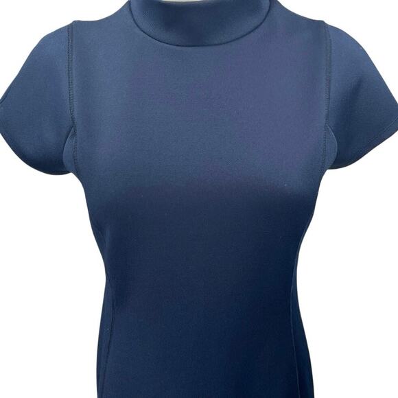 Zara Navy Blue Short Sleeve Mock Neck Zipper Midi Bodycon Sheath Dress Size L - Picture 4 of 5